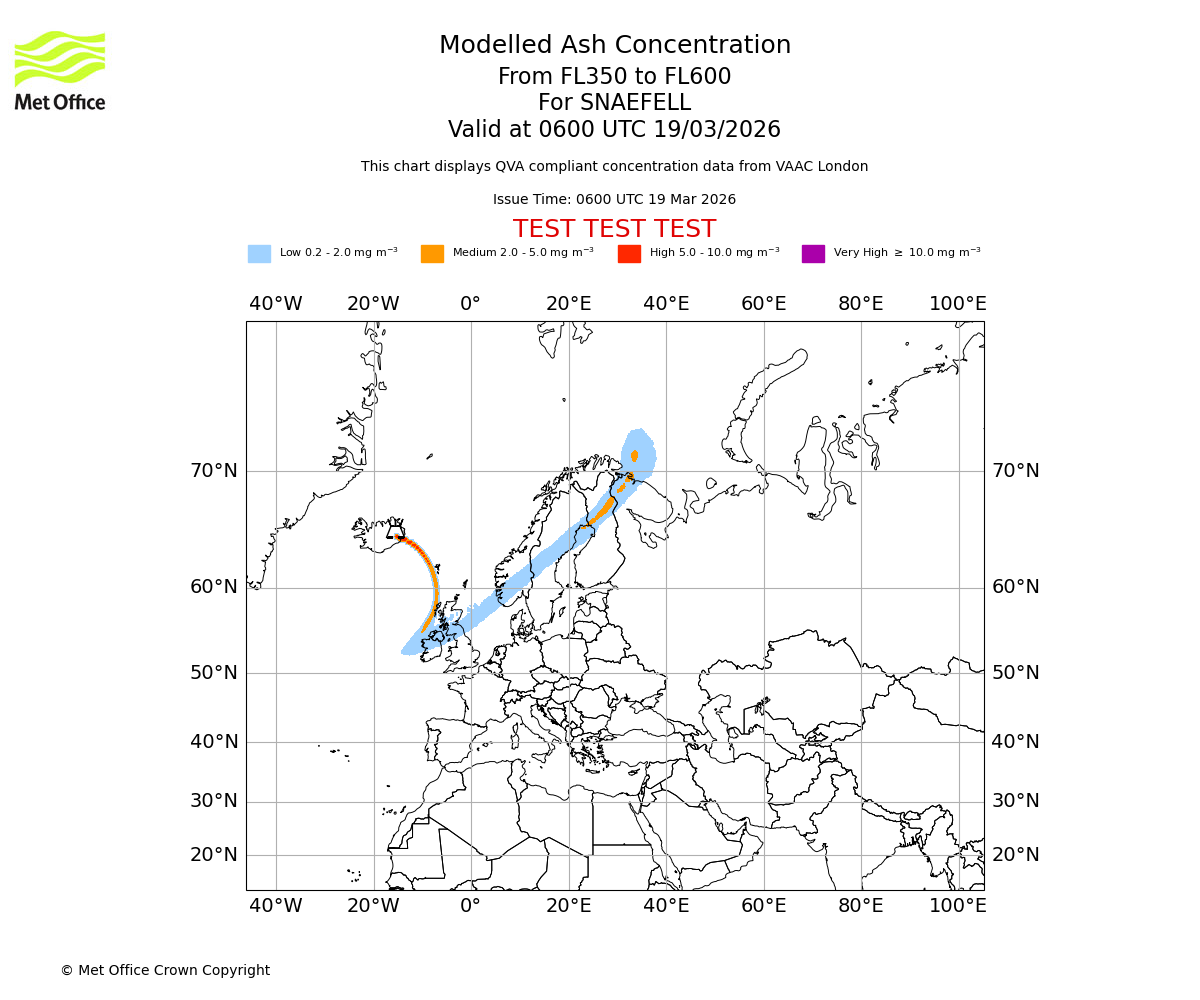 Modelled ash concentration from 350 to 600 for SNAEFELL. Valid at 0600 UTC 19/03/2026