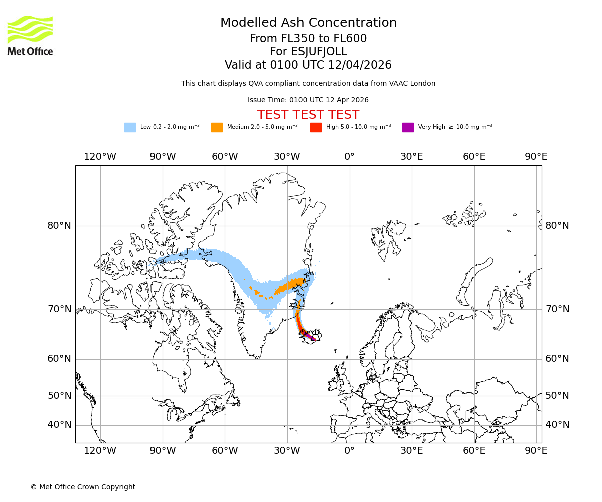 Modelled ash concentration from 350 to 600 for ESJUFJOLL. Valid at 0100 UTC 12/04/2026