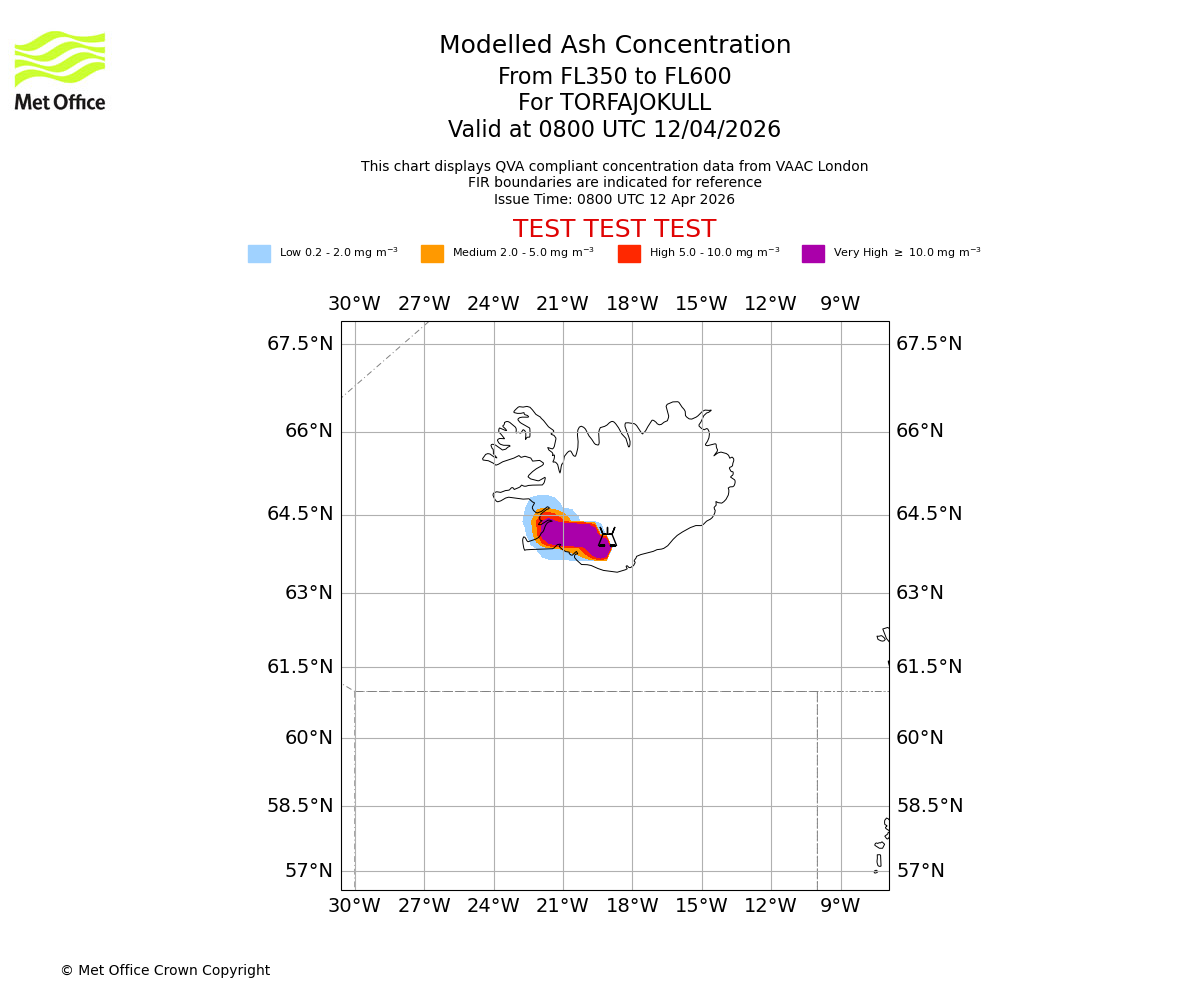 Modelled ash concentration from 350 to 600 for TORFAJOKULL. Valid at 0800 UTC 12/04/2026