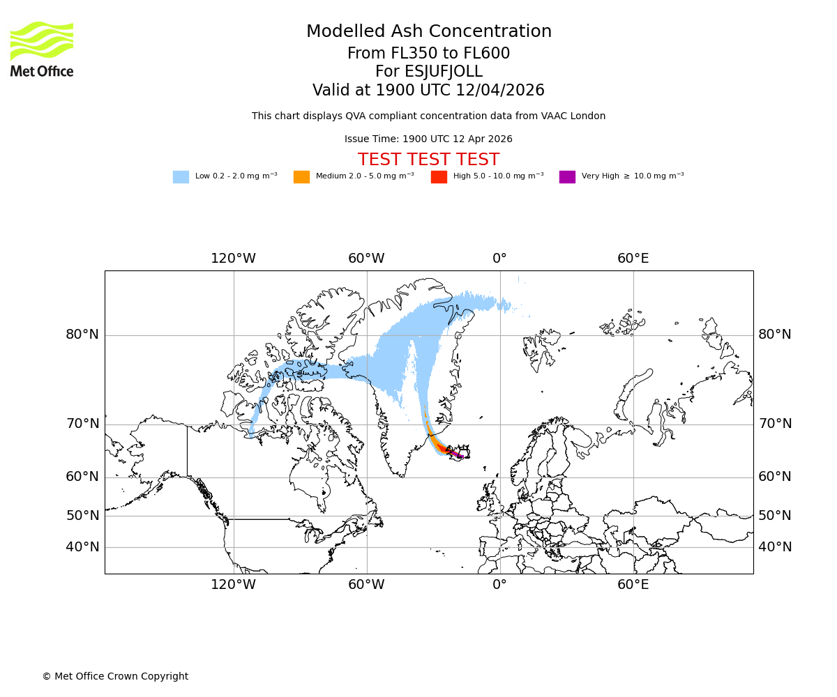 Modelled ash concentration from 350 to 600 for ESJUFJOLL. Valid at 1900 UTC 12/04/2026