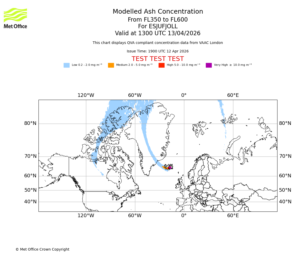 Modelled ash concentration from 350 to 600 for ESJUFJOLL. Valid at 1300 UTC 13/04/2026