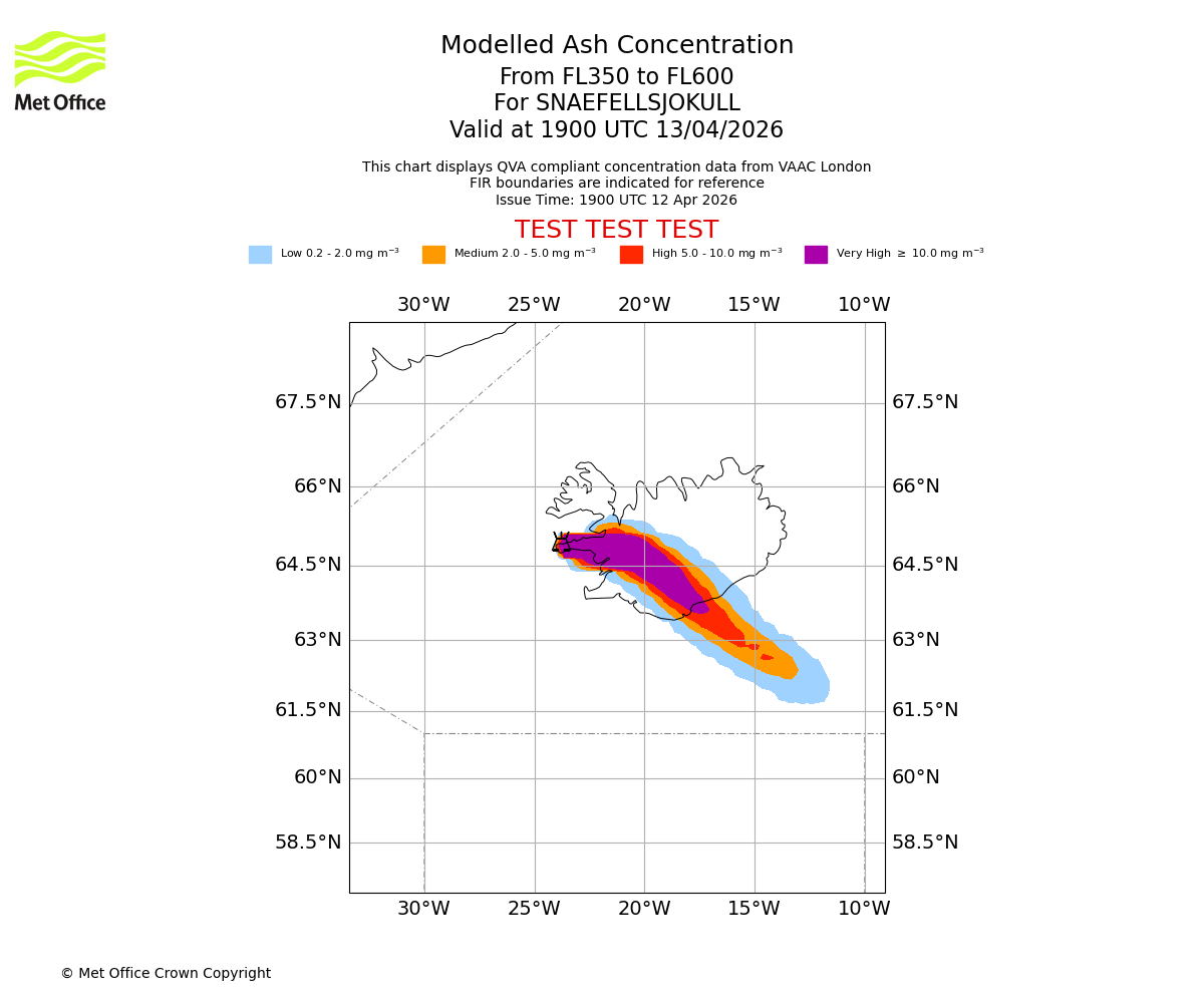 Modelled ash concentration from 350 to 600 for SNAEFELLSJOKULL. Valid at 1900 UTC 13/04/2026