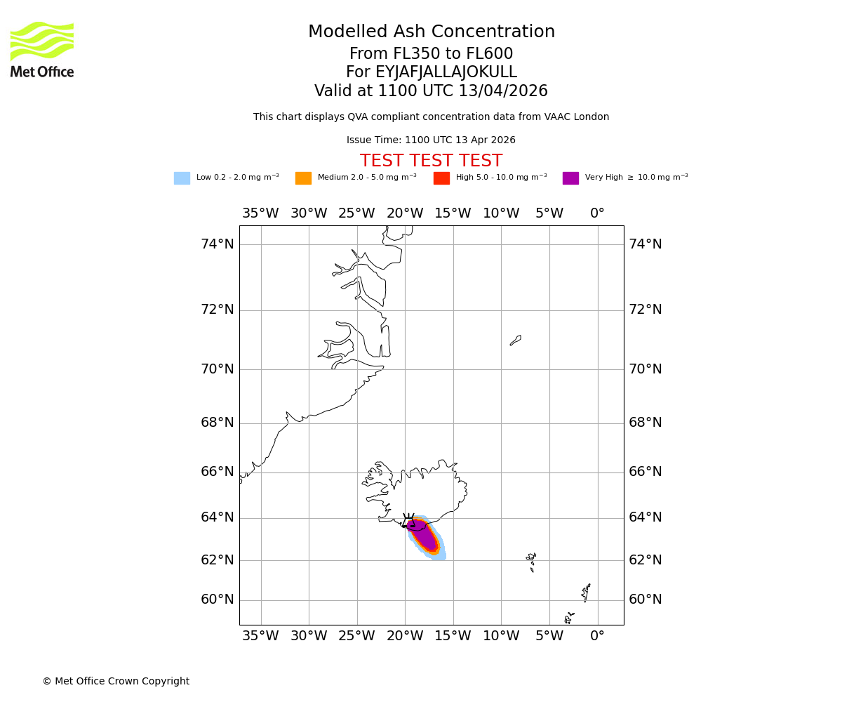 Modelled ash concentration from 350 to 600 for EYJAFJALLAJOKULL. Valid at 1100 UTC 13/04/2026