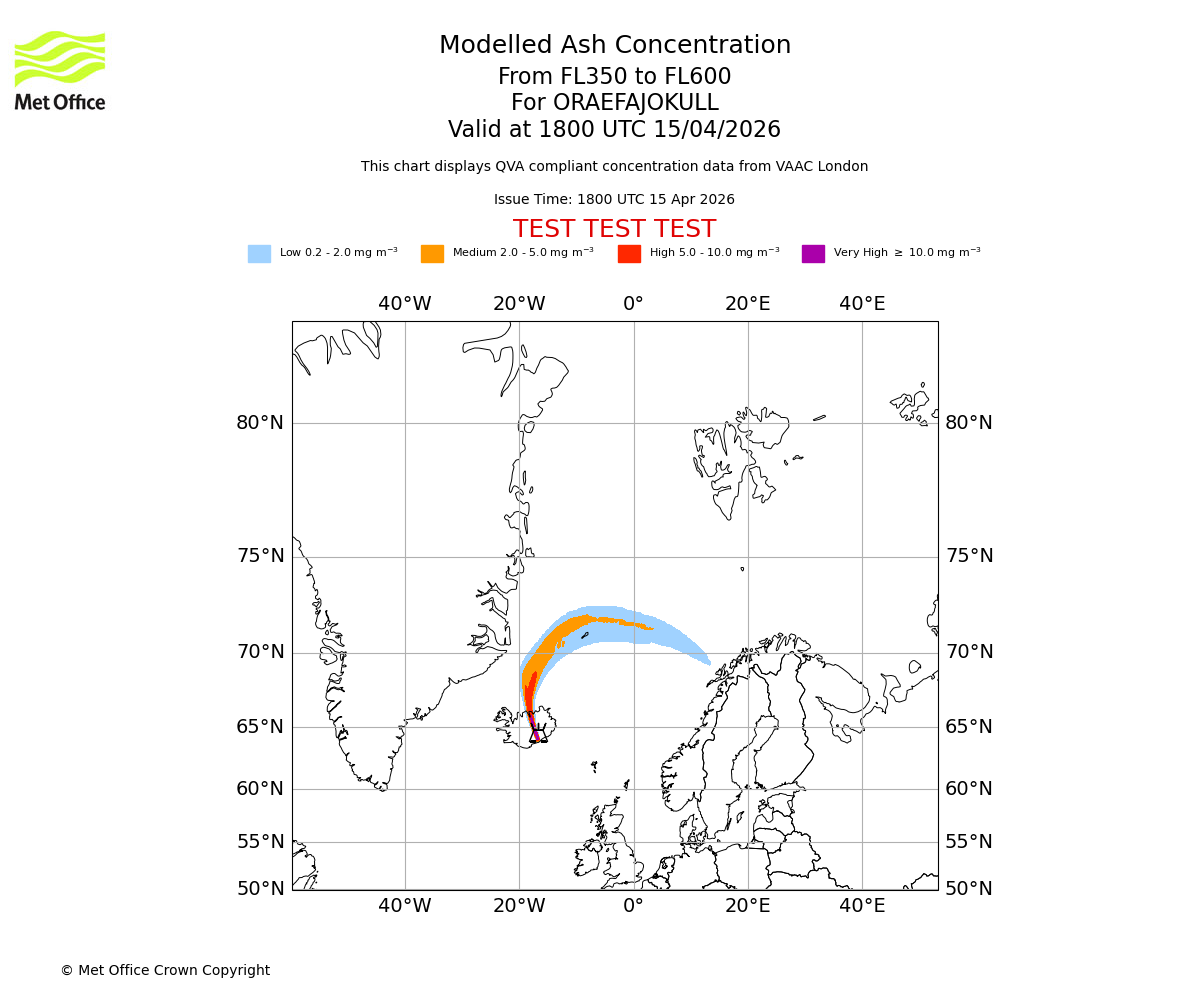 Modelled ash concentration from 350 to 600 for ORAEFAJOKULL. Valid at 1800 UTC 15/04/2026