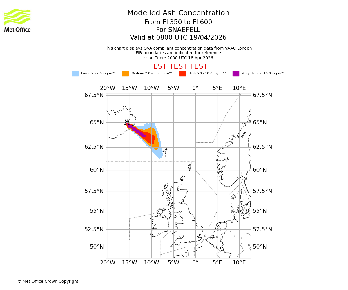 Modelled ash concentration from 350 to 600 for SNAEFELL. Valid at 0800 UTC 19/04/2026
