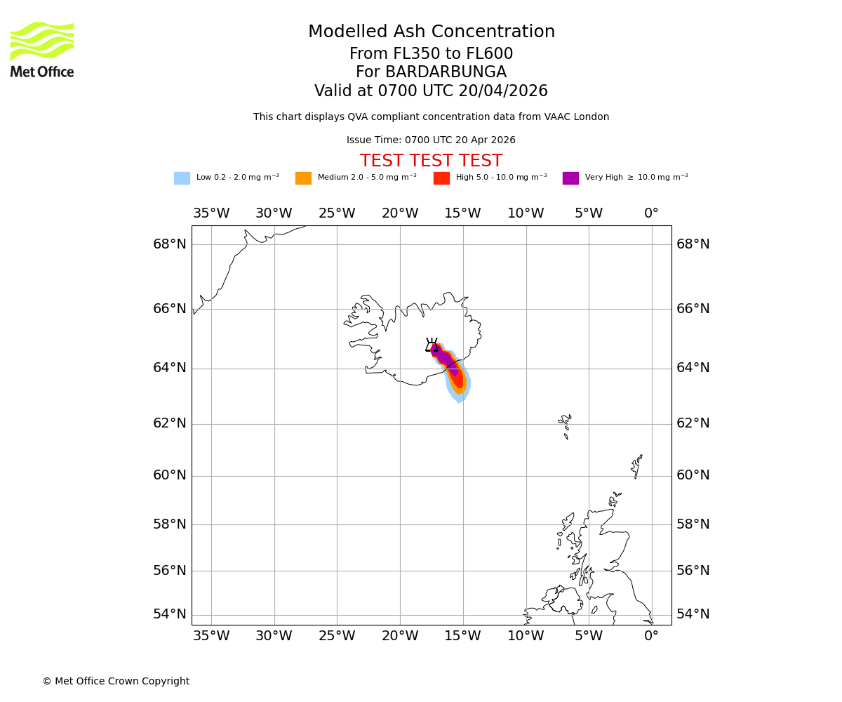 Modelled ash concentration from 350 to 600 for BARDARBUNGA. Valid at 0700 UTC 20/04/2026