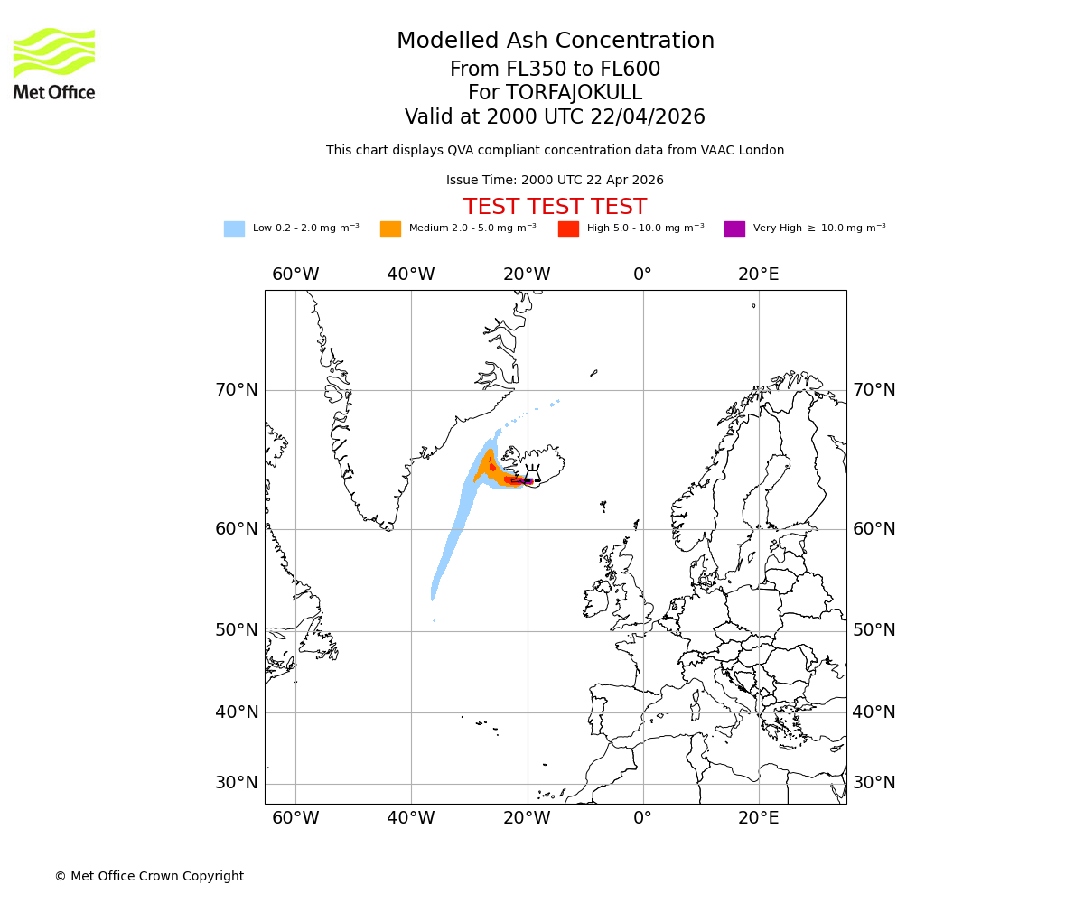 Modelled ash concentration from 350 to 600 for TORFAJOKULL. Valid at 2000 UTC 22/04/2026