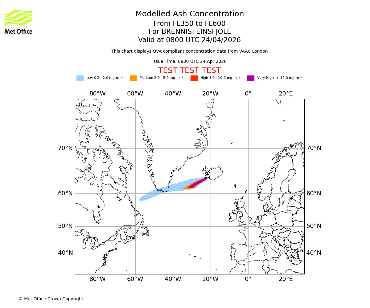 Modelled ash concentration from 350 to 600 for BRENNISTEINSFJOLL. Valid at 0800 UTC 24/04/2026