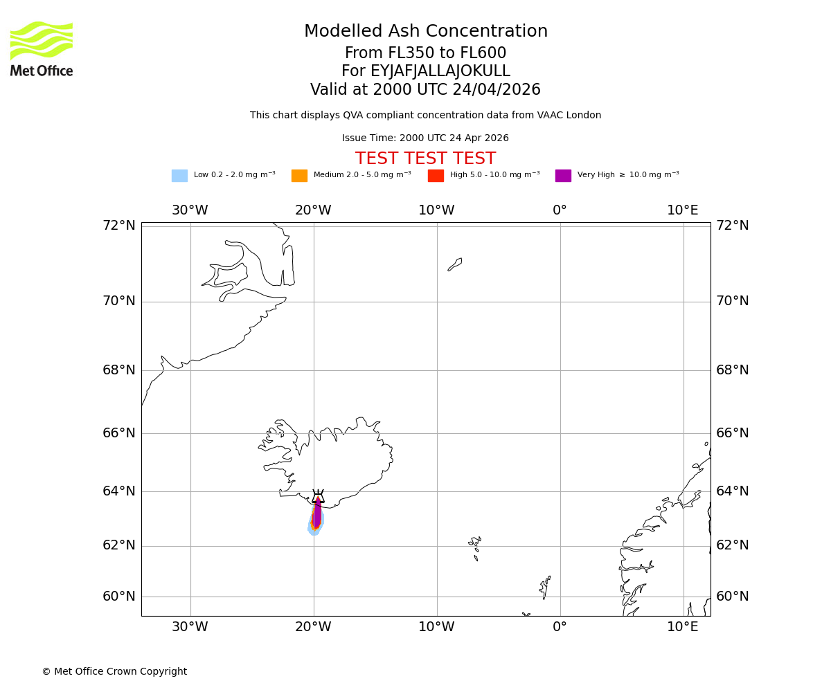 Modelled ash concentration from 350 to 600 for EYJAFJALLAJOKULL. Valid at 2000 UTC 24/04/2026