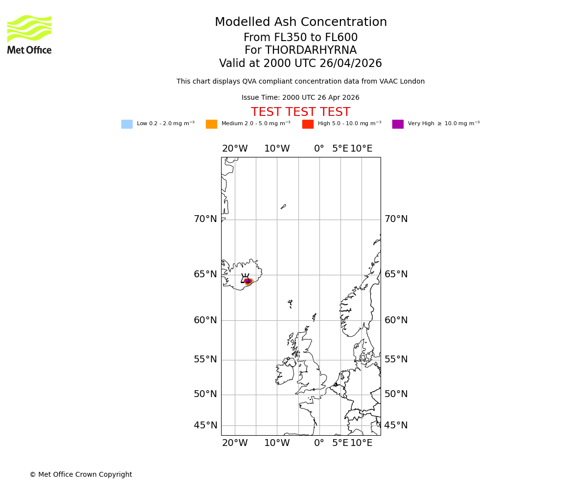 Modelled ash concentration from 350 to 600 for THORDARHYRNA. Valid at 2000 UTC 26/04/2026