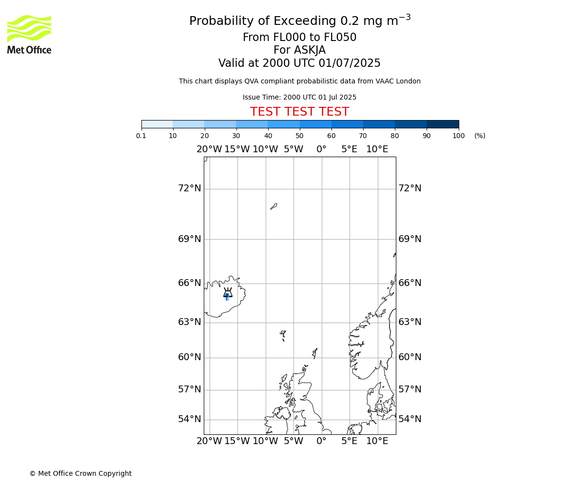 Probability of exceeding 0.2 milligrams per metre cubed. From 000 to 050 for ASKJA. Valid at 2000 UTC 01/07/2025