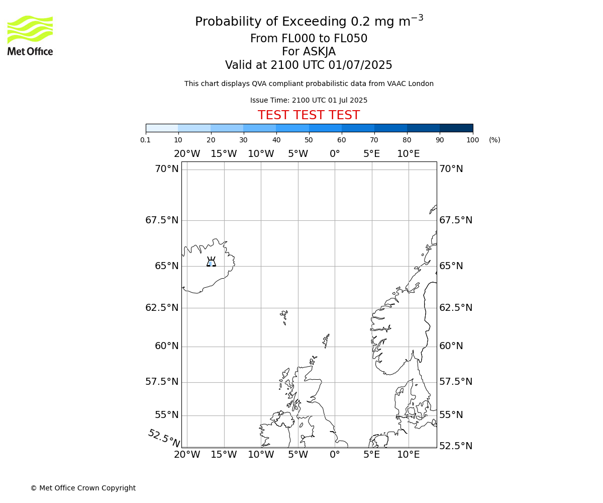 Probability of exceeding 0.2 milligrams per metre cubed. From 000 to 050 for ASKJA. Valid at 2100 UTC 01/07/2025