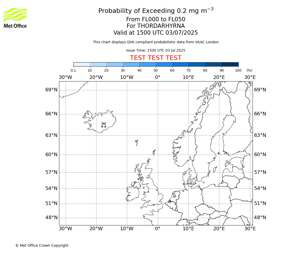 Probability of exceeding 0.2 milligrams per metre cubed. From 000 to 050 for THORDARHYRNA. Valid at 1500 UTC 03/07/2025
