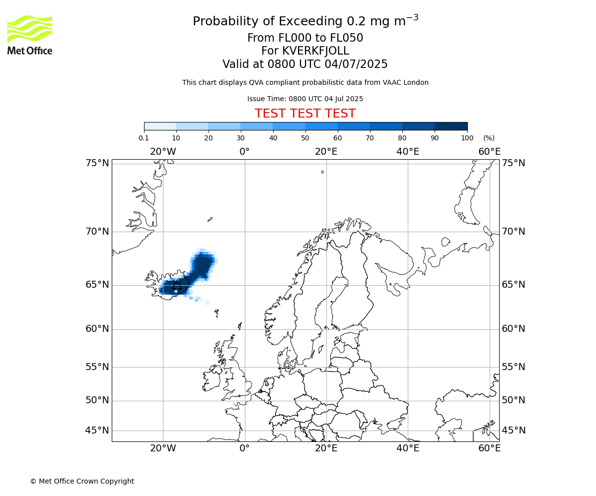 Probability of exceeding 0.2 milligrams per metre cubed. From 000 to 050 for KVERKFJOLL. Valid at 0800 UTC 04/07/2025