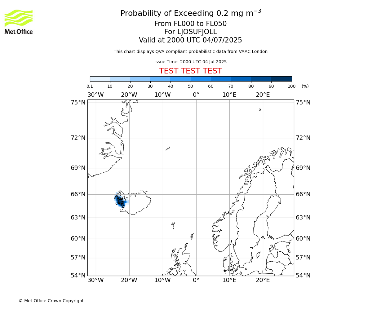 Probability of exceeding 0.2 milligrams per metre cubed. From 000 to 050 for LJOSUFJOLL. Valid at 2000 UTC 04/07/2025