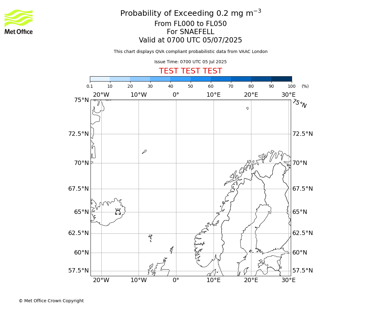 Probability of exceeding 0.2 milligrams per metre cubed. From 000 to 050 for SNAEFELL. Valid at 0700 UTC 05/07/2025
