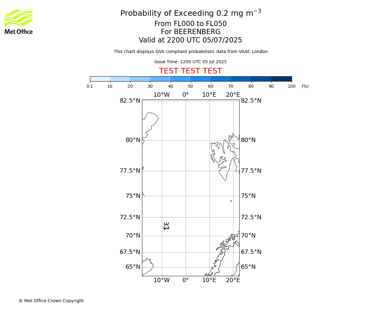 Probability of exceeding 0.2 milligrams per metre cubed. From 000 to 050 for BEERENBERG. Valid at 2200 UTC 05/07/2025