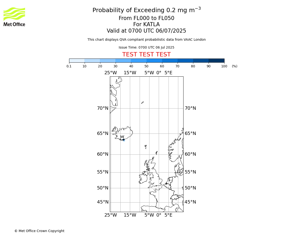 Probability of exceeding 0.2 milligrams per metre cubed. From 000 to 050 for KATLA. Valid at 0700 UTC 06/07/2025