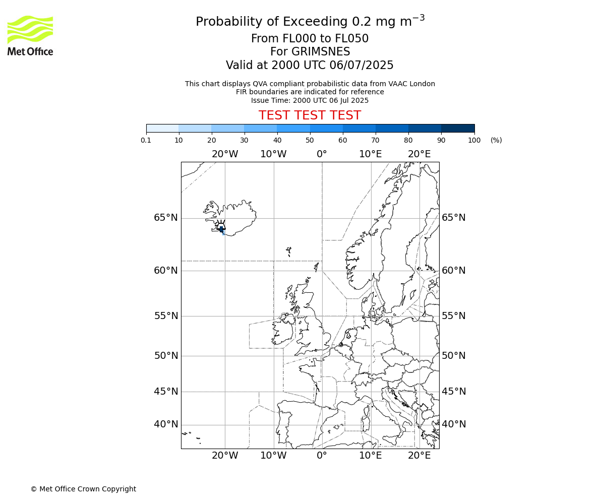Probability of exceeding 0.2 milligrams per metre cubed. From 000 to 050 for GRIMSNES. Valid at 2000 UTC 06/07/2025