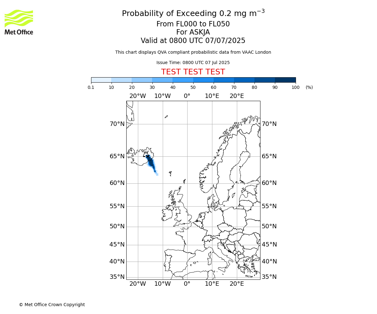 Probability of exceeding 0.2 milligrams per metre cubed. From 000 to 050 for ASKJA. Valid at 0800 UTC 07/07/2025
