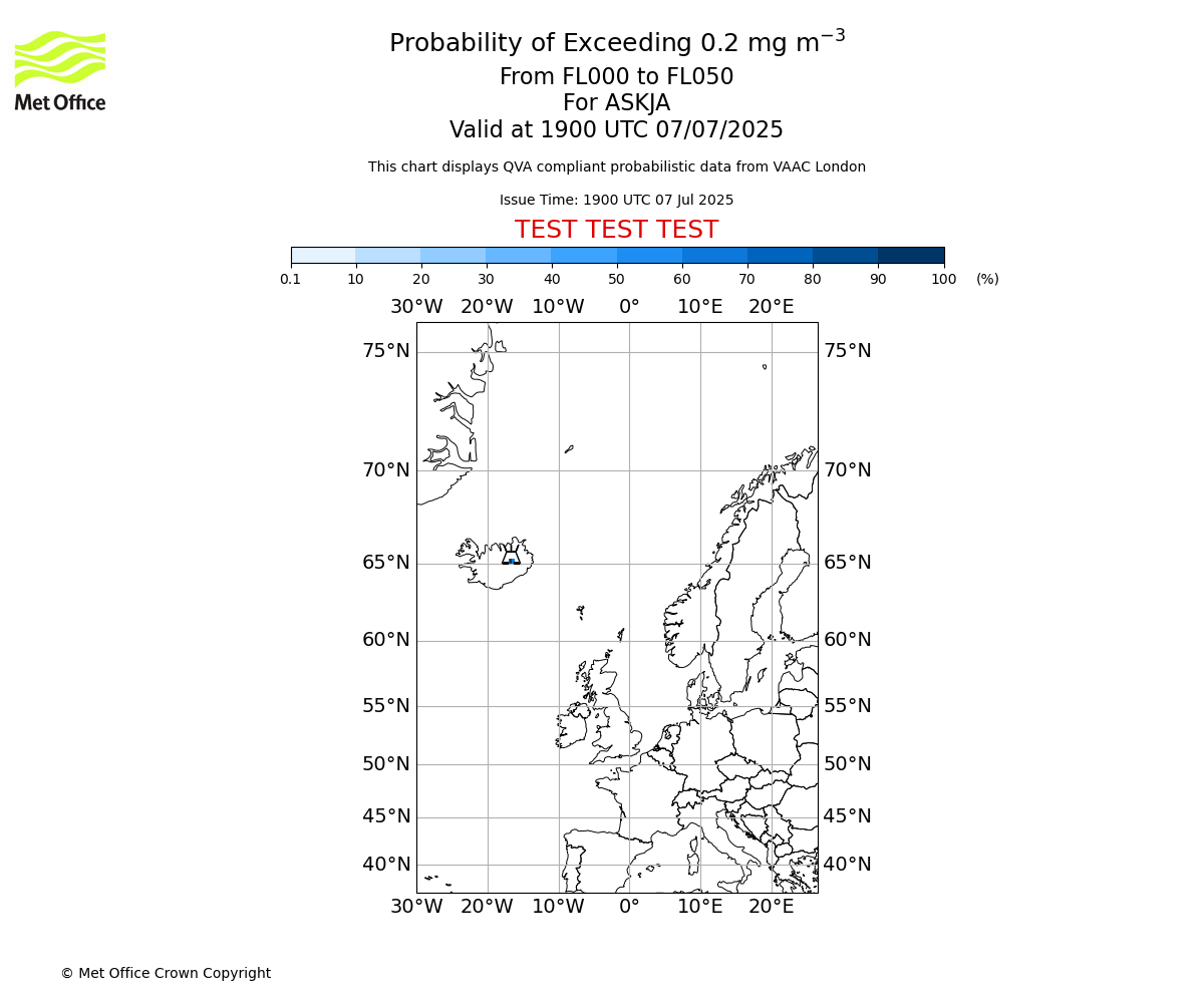 Probability of exceeding 0.2 milligrams per metre cubed. From 000 to 050 for ASKJA. Valid at 1900 UTC 07/07/2025