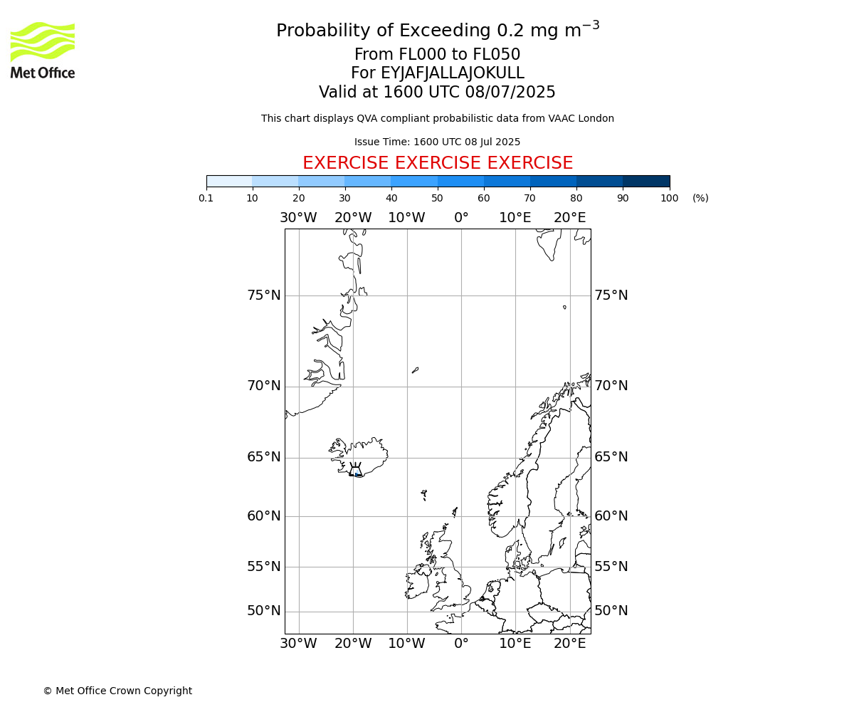 Probability of exceeding 0.2 milligrams per metre cubed. From 000 to 050 for EYJAFJALLAJOKULL. Valid at 1600 UTC 08/07/2025