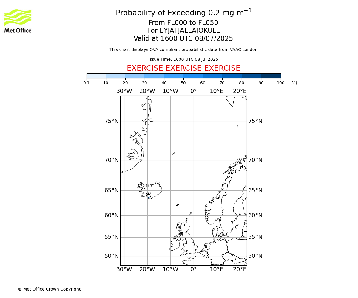 Probability of exceeding 0.2 milligrams per metre cubed. From 000 to 050 for EYJAFJALLAJOKULL. Valid at 1600 UTC 08/07/2025