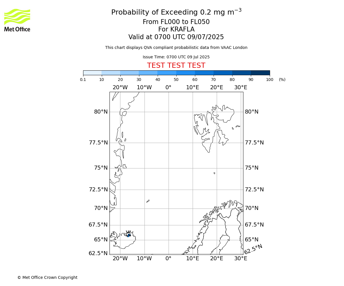 Probability of exceeding 0.2 milligrams per metre cubed. From 000 to 050 for KRAFLA. Valid at 0700 UTC 09/07/2025