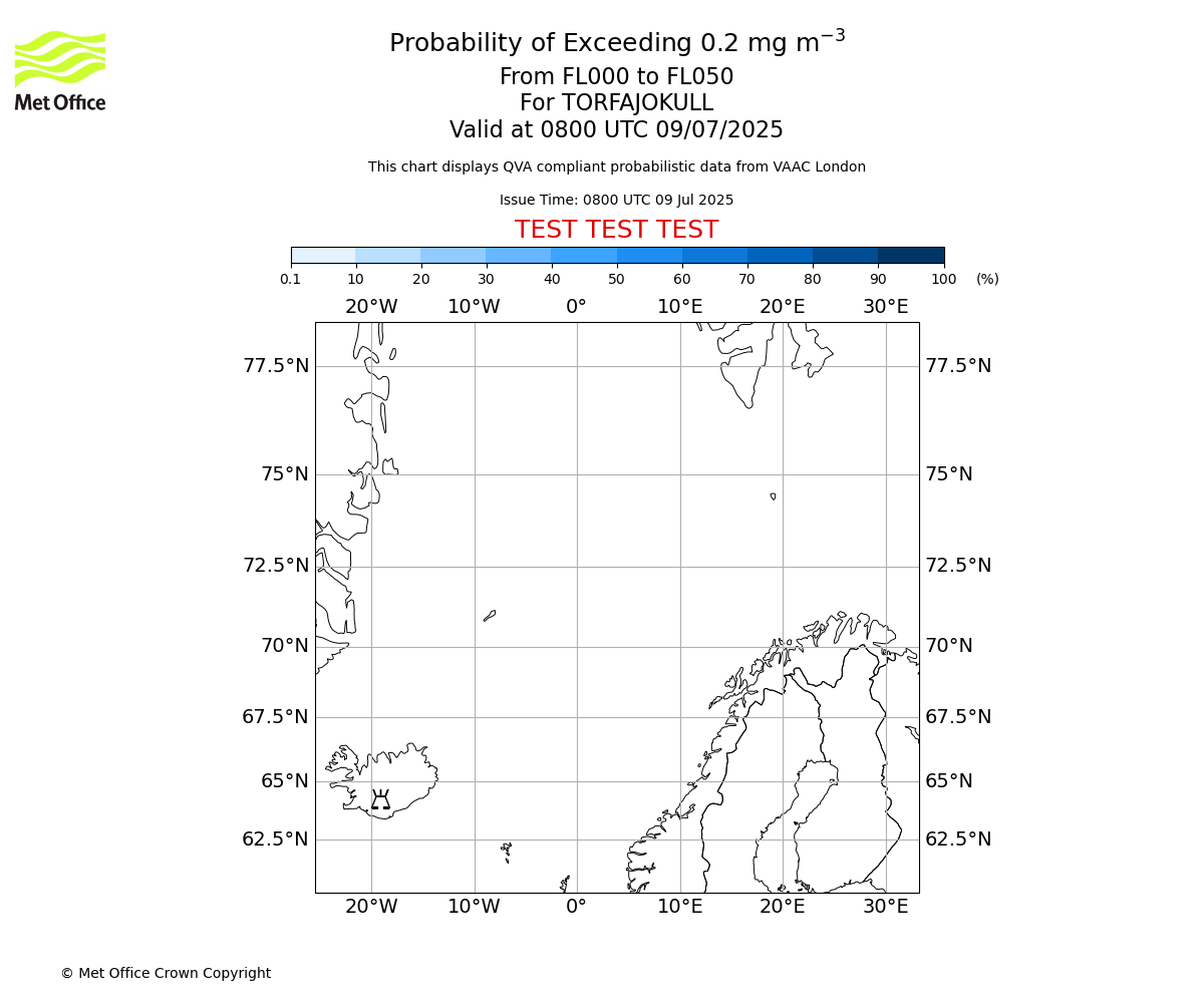 Probability of exceeding 0.2 milligrams per metre cubed. From 000 to 050 for TORFAJOKULL. Valid at 0800 UTC 09/07/2025
