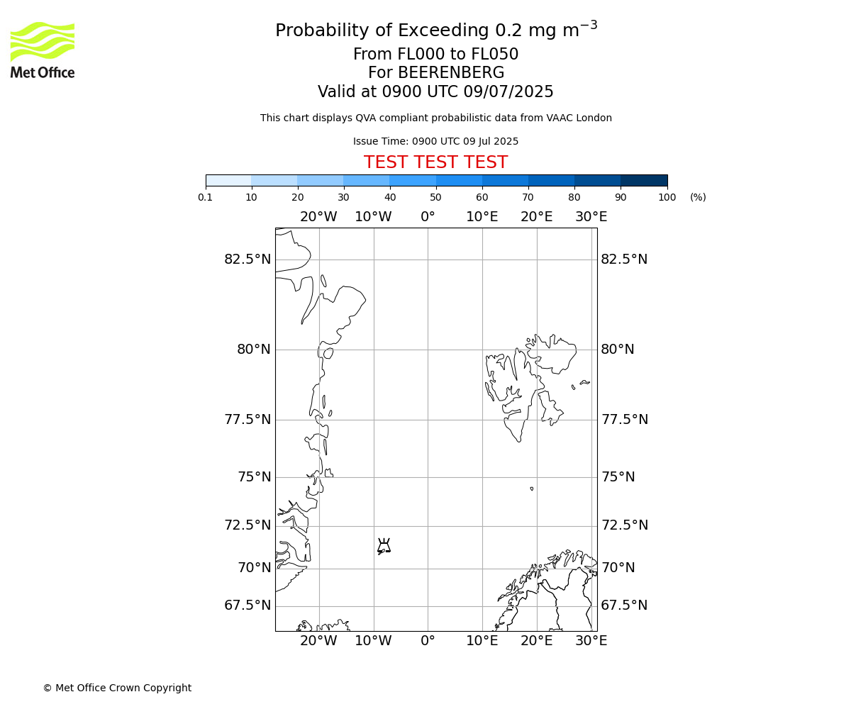 Probability of exceeding 0.2 milligrams per metre cubed. From 000 to 050 for BEERENBERG. Valid at 0900 UTC 09/07/2025