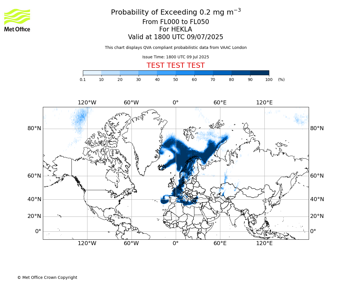 Probability of exceeding 0.2 milligrams per metre cubed. From 000 to 050 for HEKLA. Valid at 1800 UTC 09/07/2025