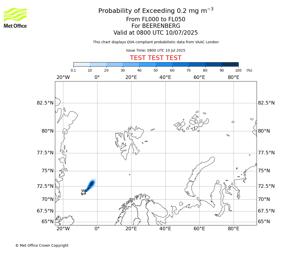 Probability of exceeding 0.2 milligrams per metre cubed. From 000 to 050 for BEERENBERG. Valid at 0800 UTC 10/07/2025