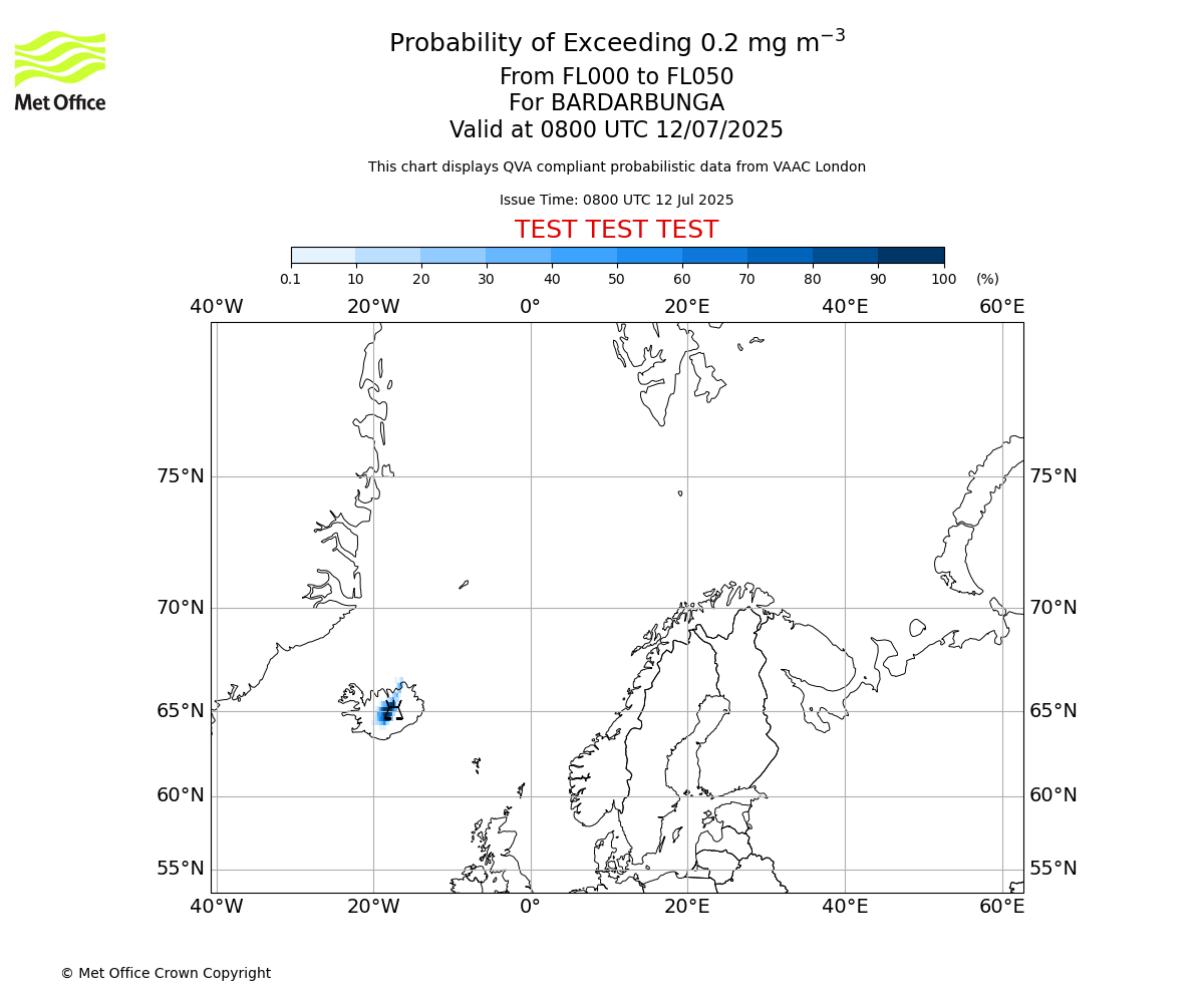 Probability of exceeding 0.2 milligrams per metre cubed. From 000 to 050 for BARDARBUNGA. Valid at 0800 UTC 12/07/2025
