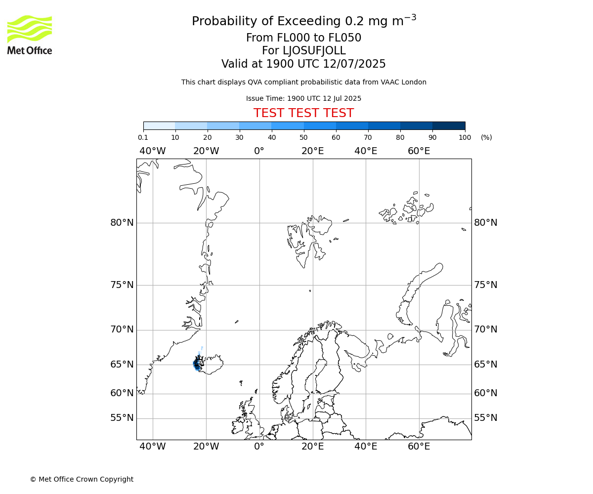 Probability of exceeding 0.2 milligrams per metre cubed. From 000 to 050 for LJOSUFJOLL. Valid at 1900 UTC 12/07/2025
