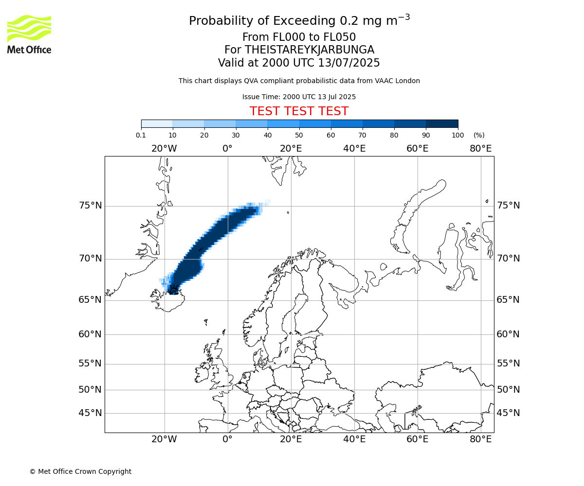 Probability of exceeding 0.2 milligrams per metre cubed. From 000 to 050 for THEISTAREYKJARBUNGA. Valid at 2000 UTC 13/07/2025