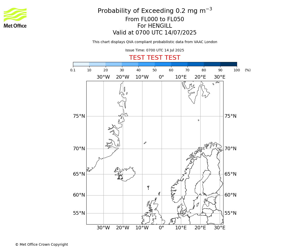 Probability of exceeding 0.2 milligrams per metre cubed. From 000 to 050 for HENGILL. Valid at 0700 UTC 14/07/2025
