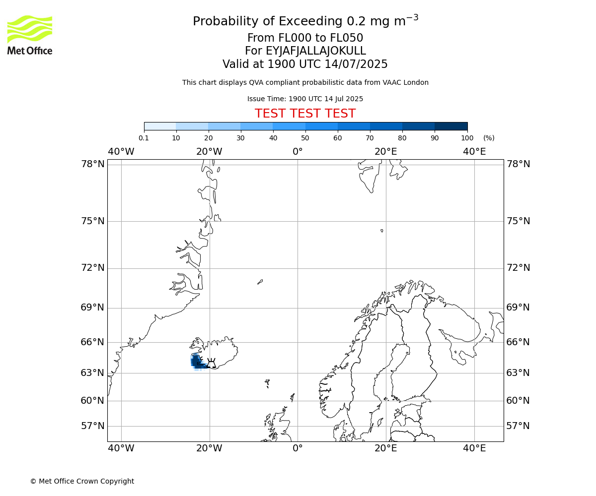 Probability of exceeding 0.2 milligrams per metre cubed. From 000 to 050 for EYJAFJALLAJOKULL. Valid at 1900 UTC 14/07/2025