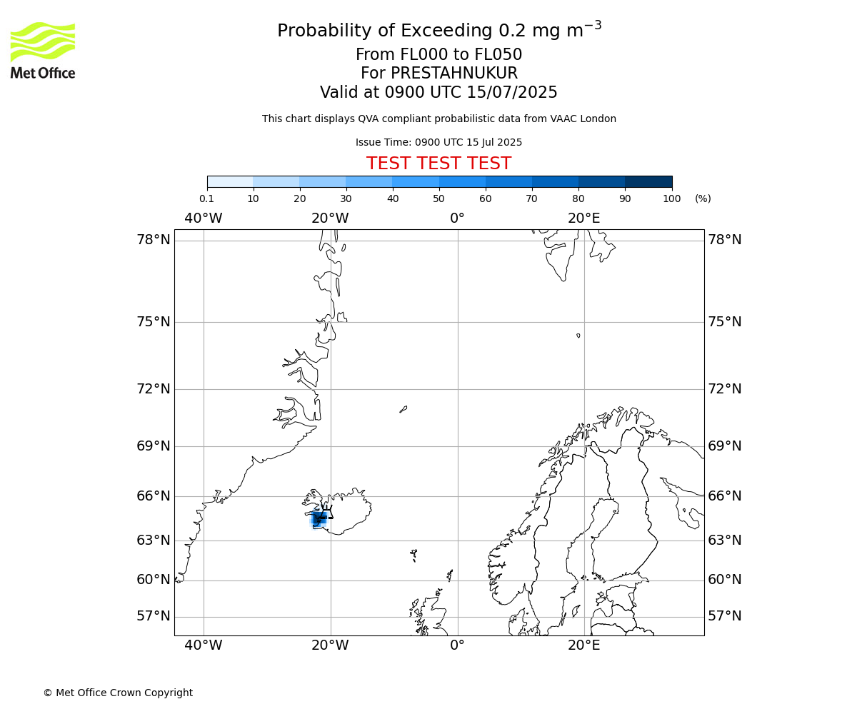 Probability of exceeding 0.2 milligrams per metre cubed. From 000 to 050 for PRESTAHNUKUR. Valid at 0900 UTC 15/07/2025