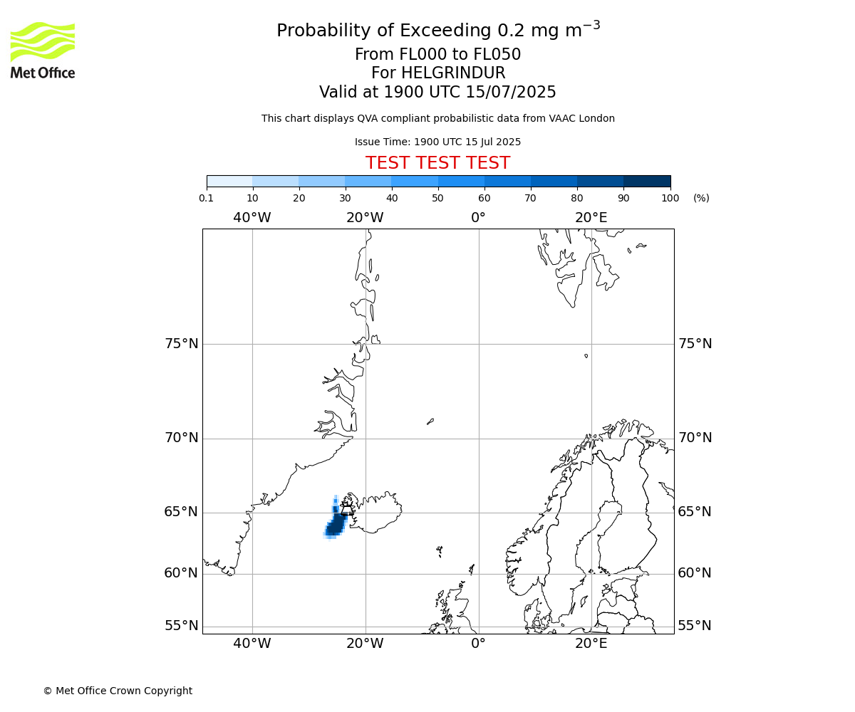 Probability of exceeding 0.2 milligrams per metre cubed. From 000 to 050 for HELGRINDUR. Valid at 1900 UTC 15/07/2025