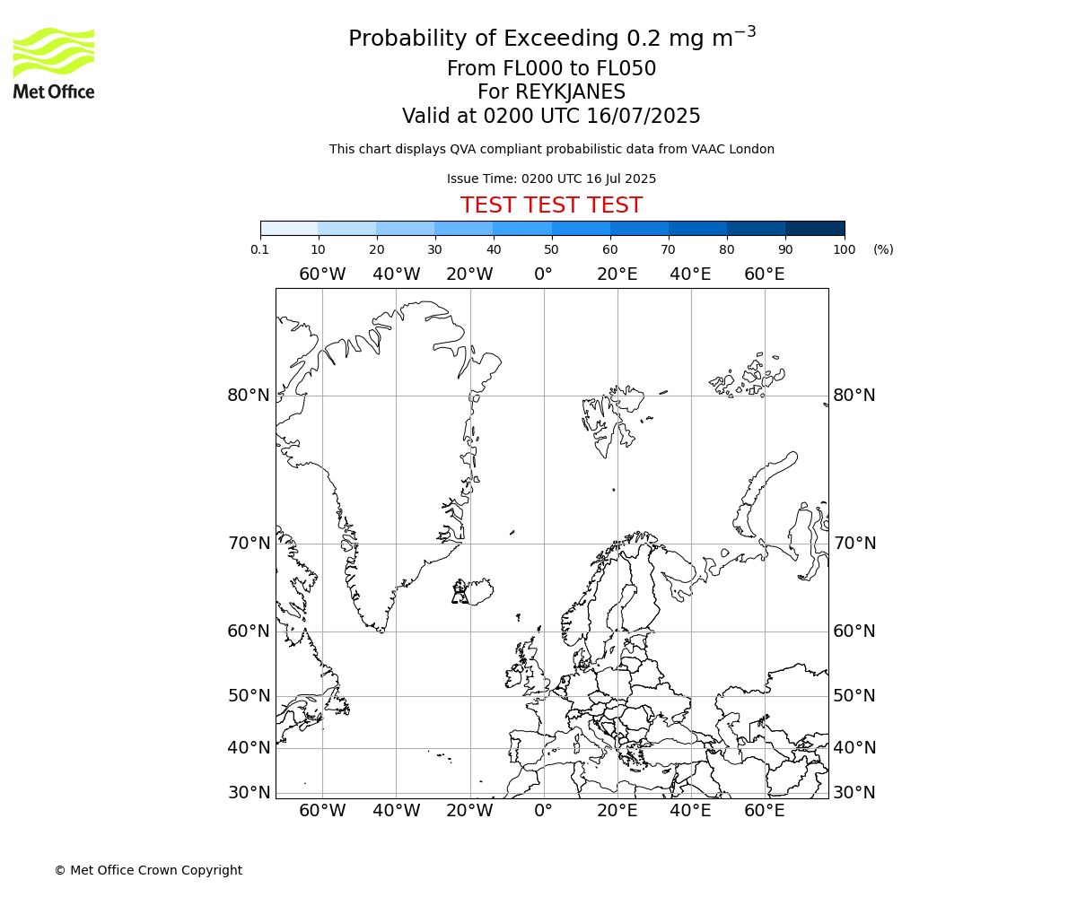 Probability of exceeding 0.2 milligrams per metre cubed. From 000 to 050 for REYKJANES. Valid at 0200 UTC 16/07/2025