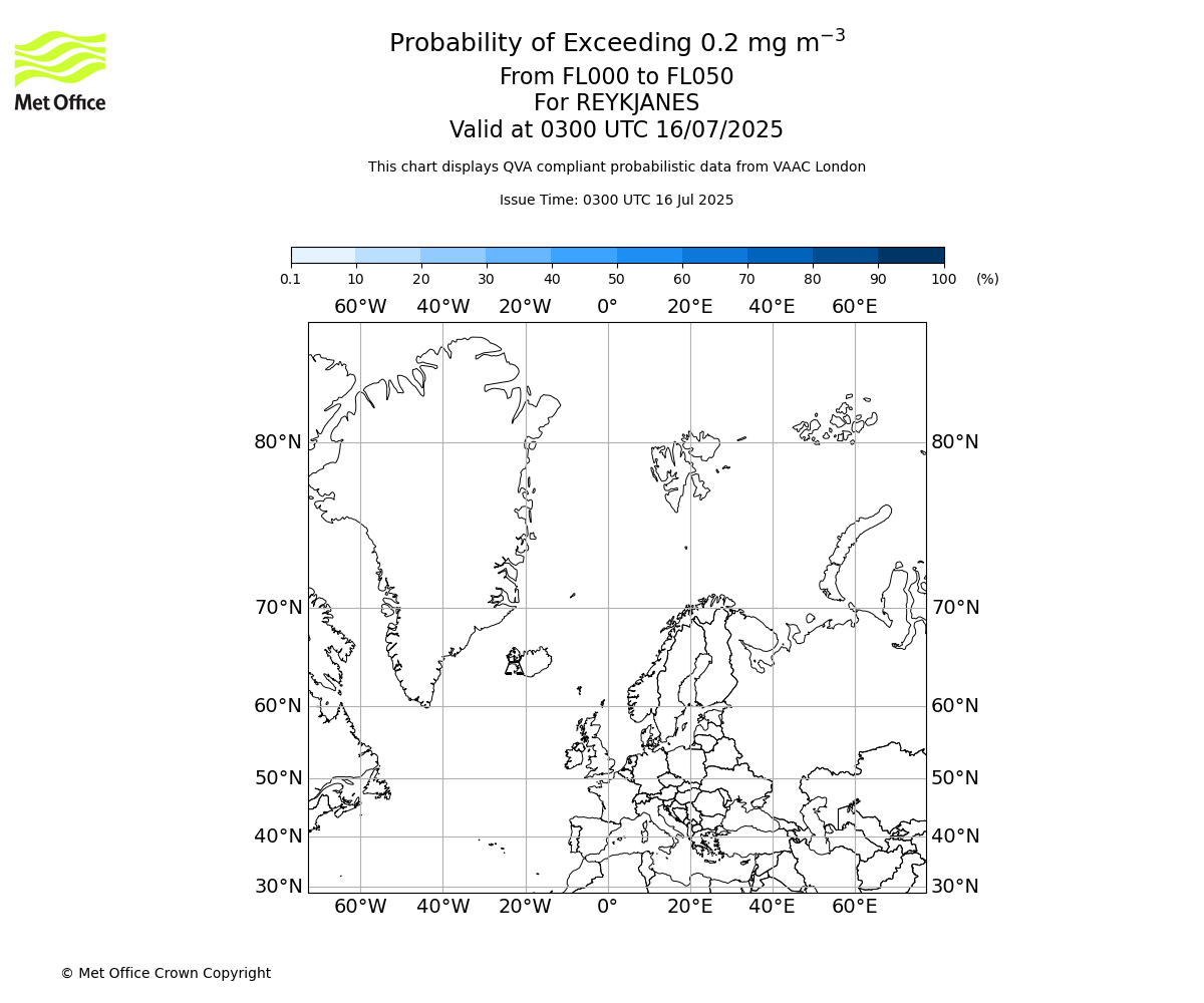 Probability of exceeding 0.2 milligrams per metre cubed. From 000 to 050 for REYKJANES. Valid at 0300 UTC 16/07/2025