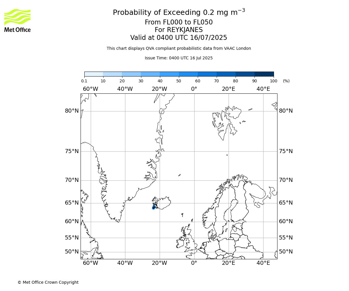 Probability of exceeding 0.2 milligrams per metre cubed. From 000 to 050 for REYKJANES. Valid at 0400 UTC 16/07/2025