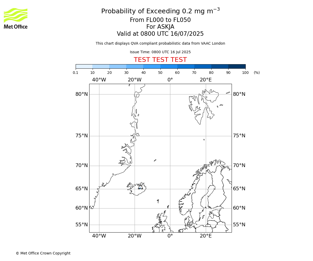 Probability of exceeding 0.2 milligrams per metre cubed. From 000 to 050 for ASKJA. Valid at 0800 UTC 16/07/2025