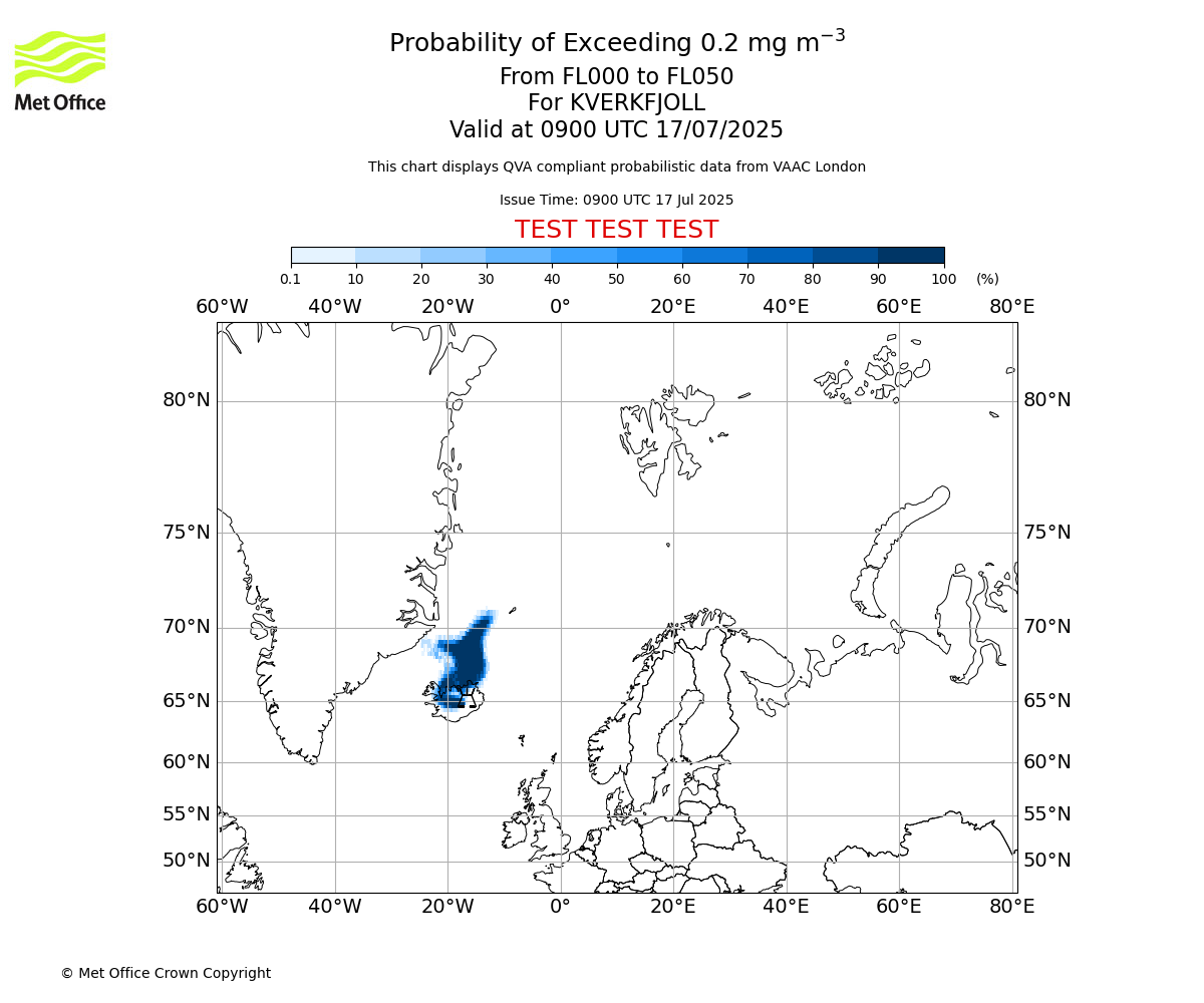 Probability of exceeding 0.2 milligrams per metre cubed. From 000 to 050 for KVERKFJOLL. Valid at 0900 UTC 17/07/2025
