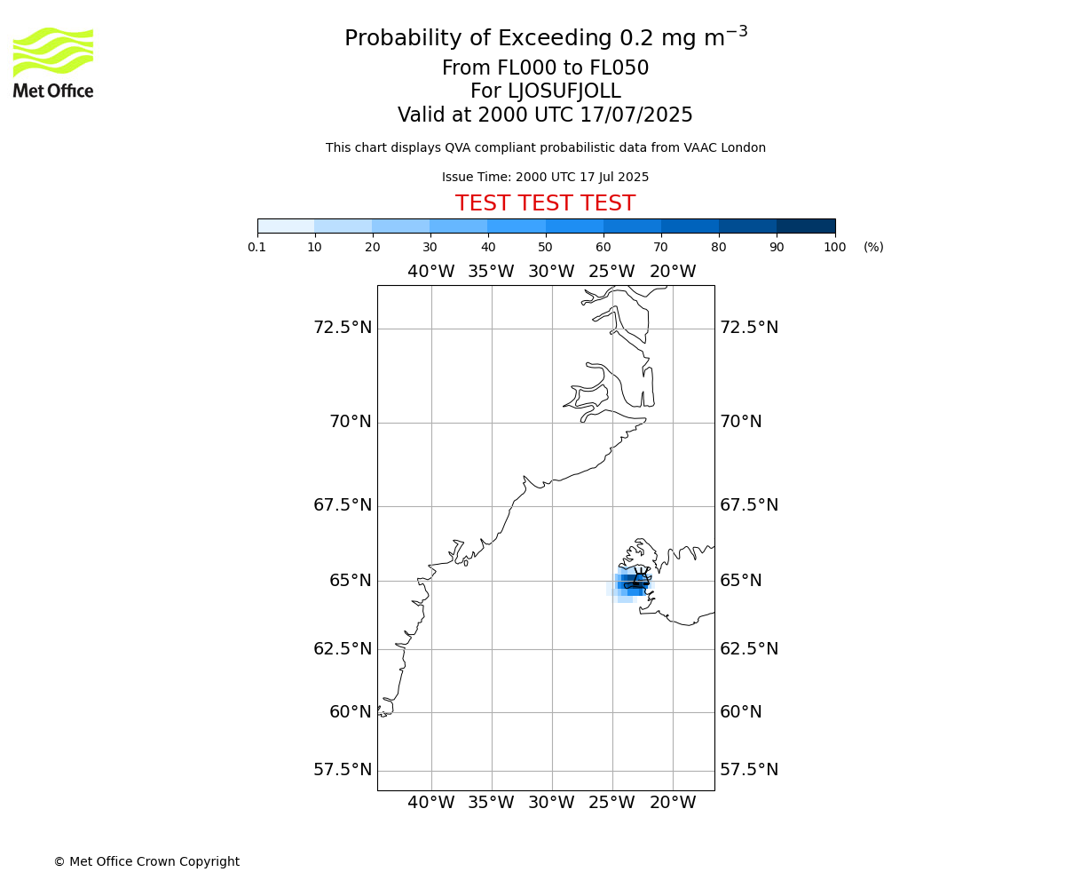 Probability of exceeding 0.2 milligrams per metre cubed. From 000 to 050 for LJOSUFJOLL. Valid at 2000 UTC 17/07/2025