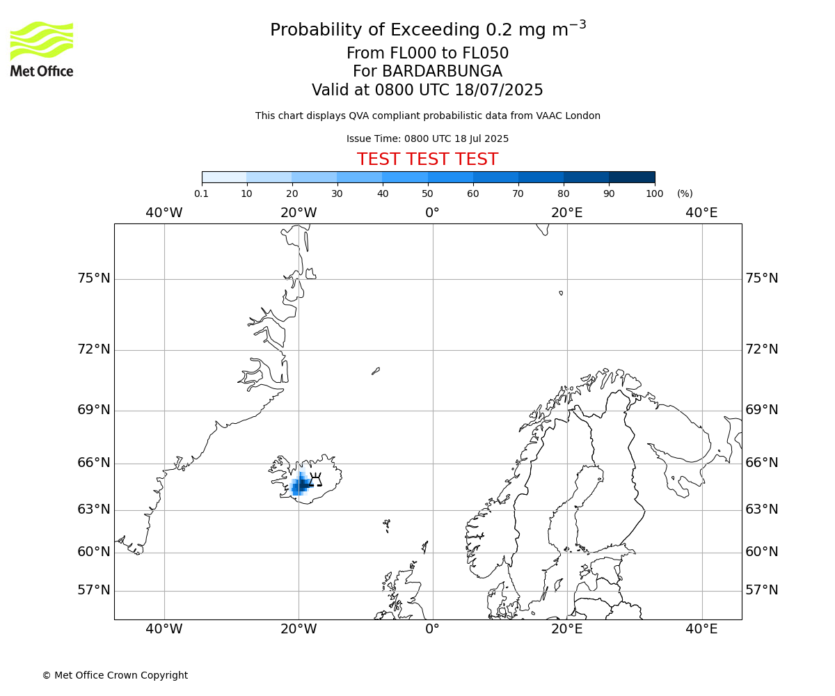 Probability of exceeding 0.2 milligrams per metre cubed. From 000 to 050 for BARDARBUNGA. Valid at 0800 UTC 18/07/2025
