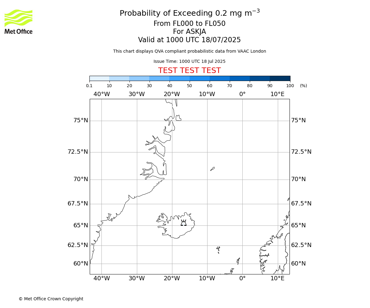 Probability of exceeding 0.2 milligrams per metre cubed. From 000 to 050 for ASKJA. Valid at 1000 UTC 18/07/2025