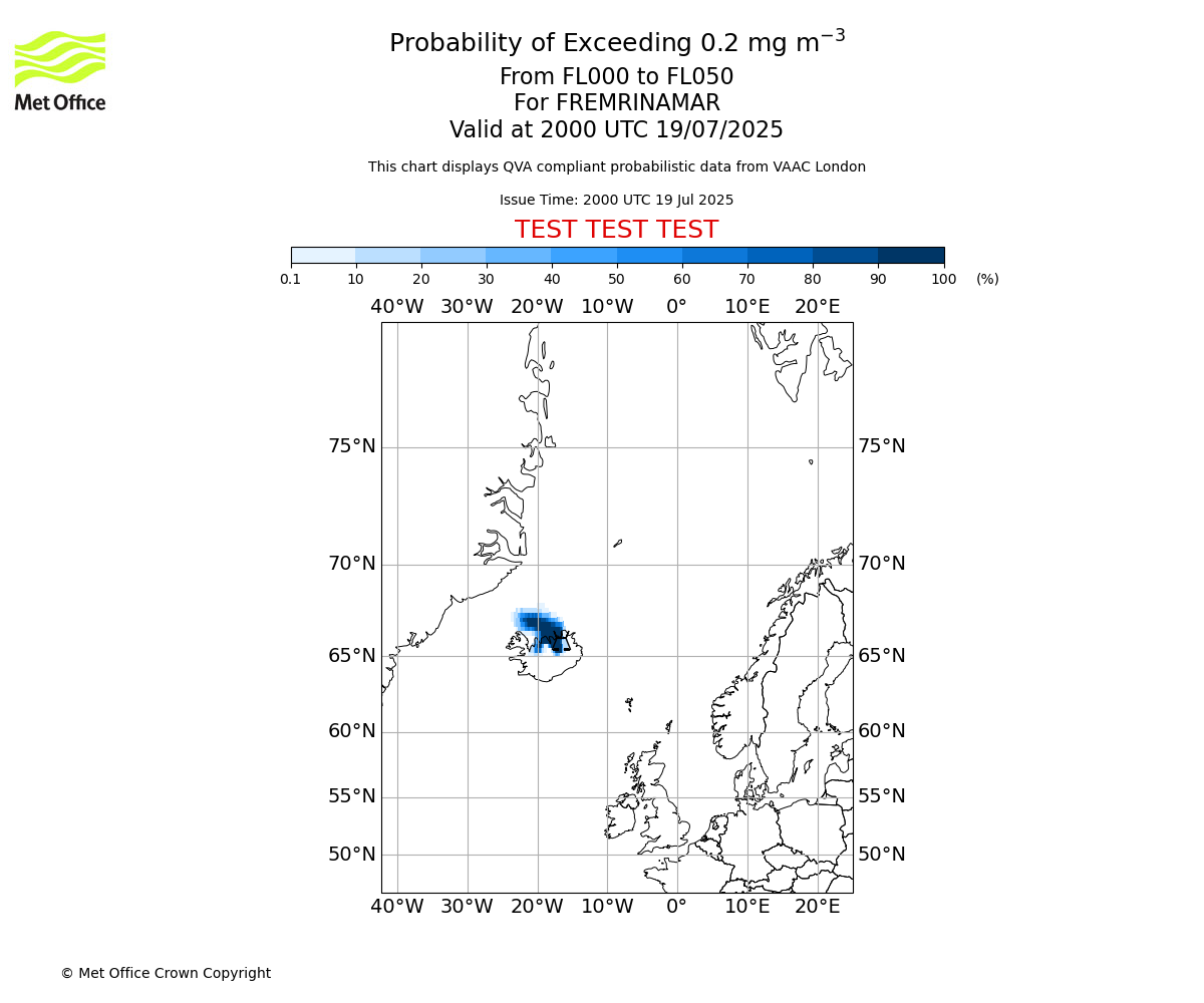 Probability of exceeding 0.2 milligrams per metre cubed. From 000 to 050 for FREMRINAMAR. Valid at 2000 UTC 19/07/2025