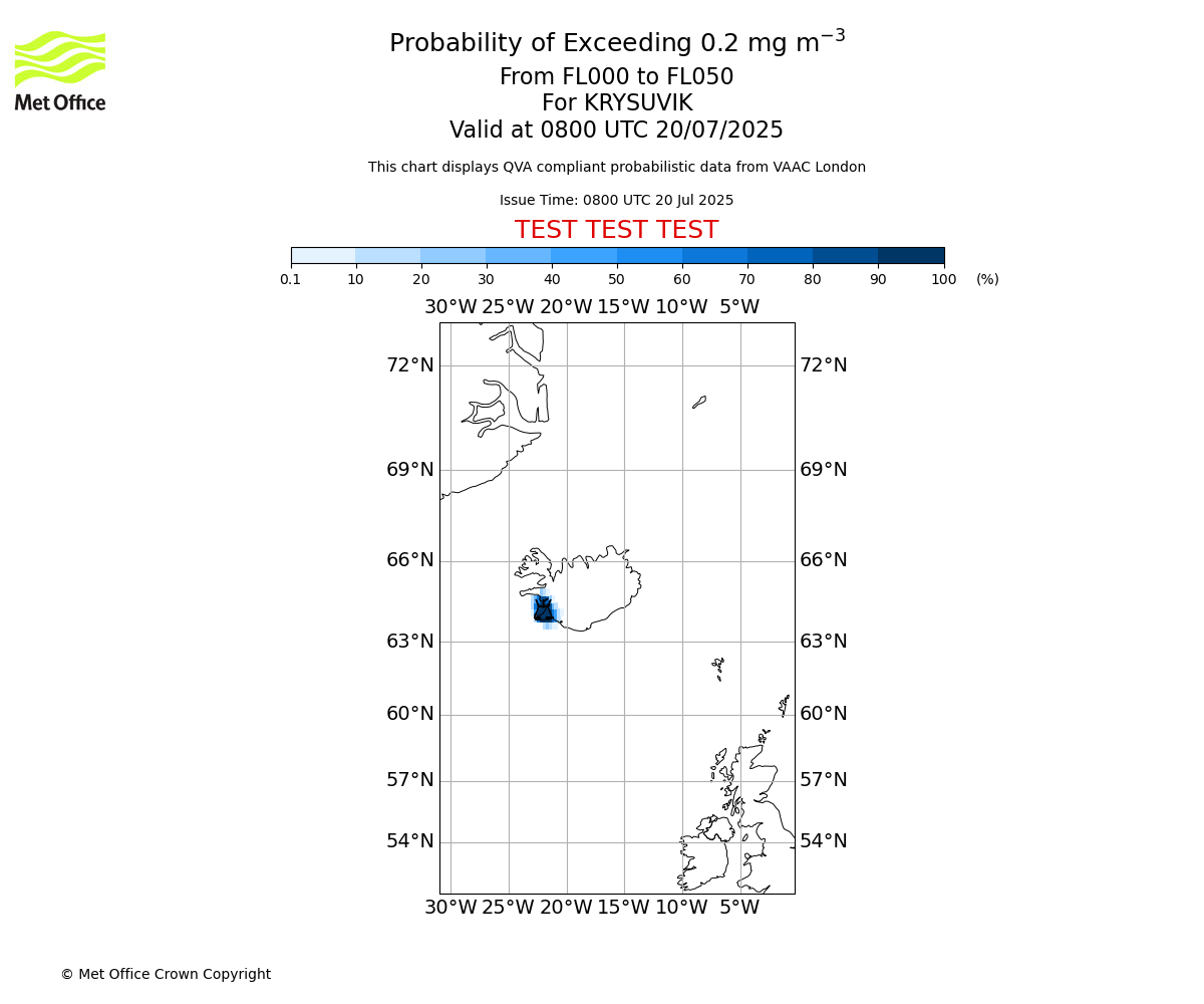 Probability of exceeding 0.2 milligrams per metre cubed. From 000 to 050 for KRYSUVIK. Valid at 0800 UTC 20/07/2025