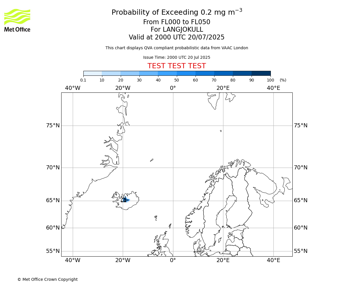 Probability of exceeding 0.2 milligrams per metre cubed. From 000 to 050 for LANGJOKULL. Valid at 2000 UTC 20/07/2025